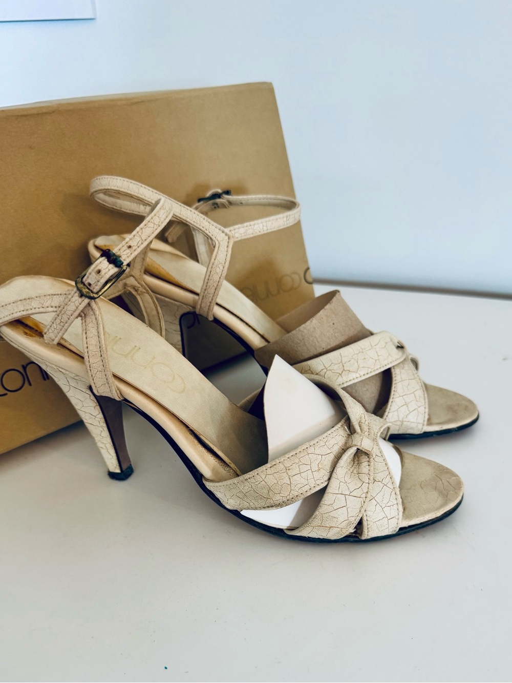 Beige Strappy Knot Heels - Women's Dress Sandals. Vintage Connie in box